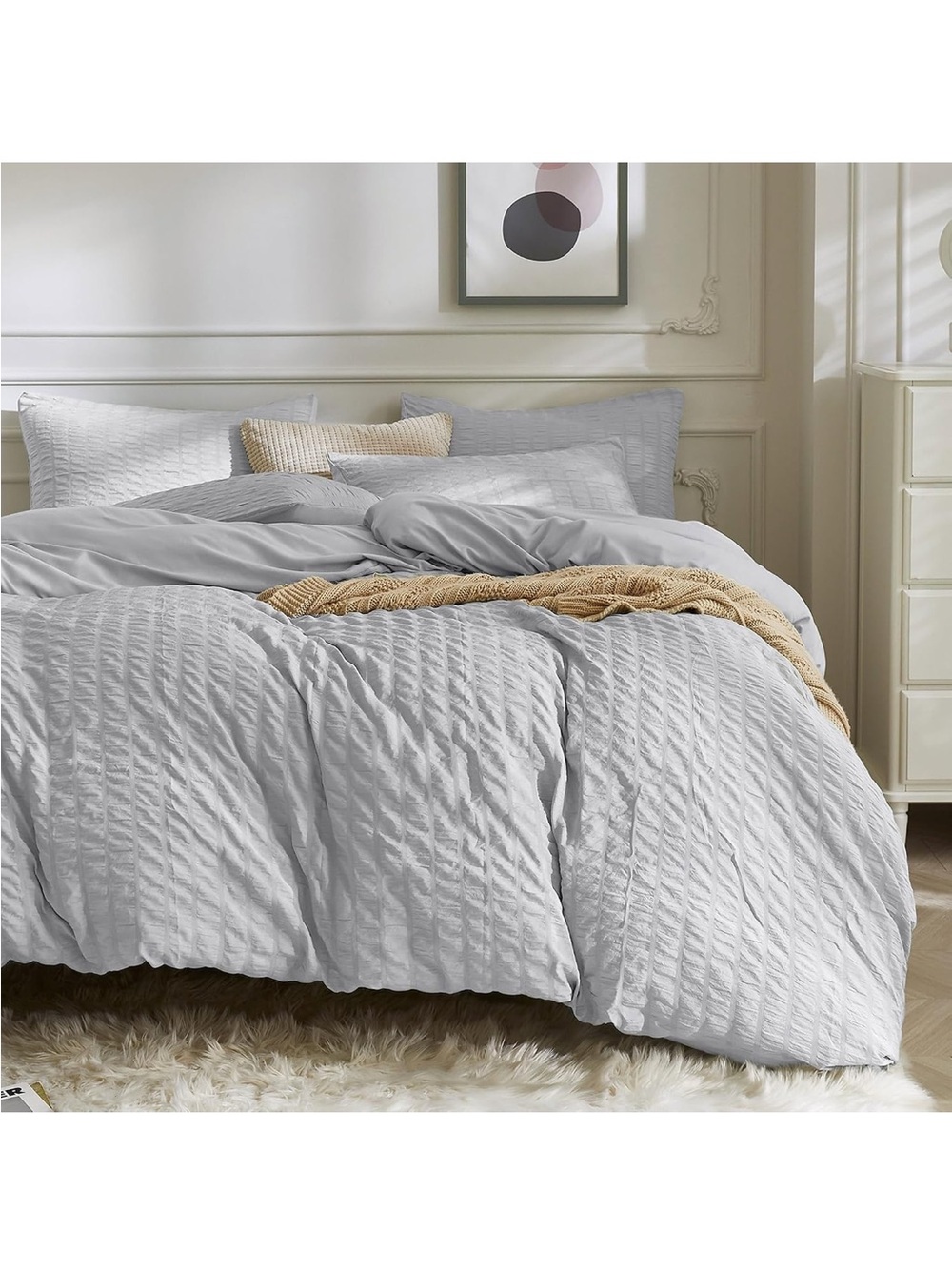 NEW JELLYMONI Light Grey Seersucker Cotton Duvet Cover Set Full, Soft Breathable
